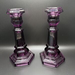 Vintage Amethyst Purple Glass UV Reactive Candlestick Holders Hexagonal Base